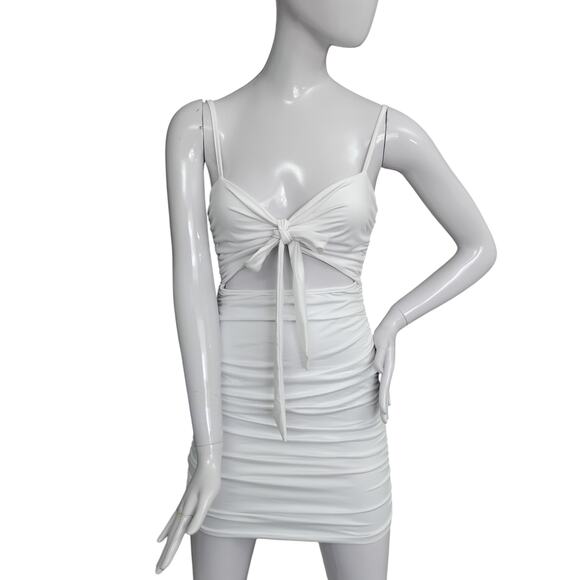 Ruched Bodycon Mini Dress Small White Cutout Belly Sleeveless Adjustable Straps - Picture 1 of 9